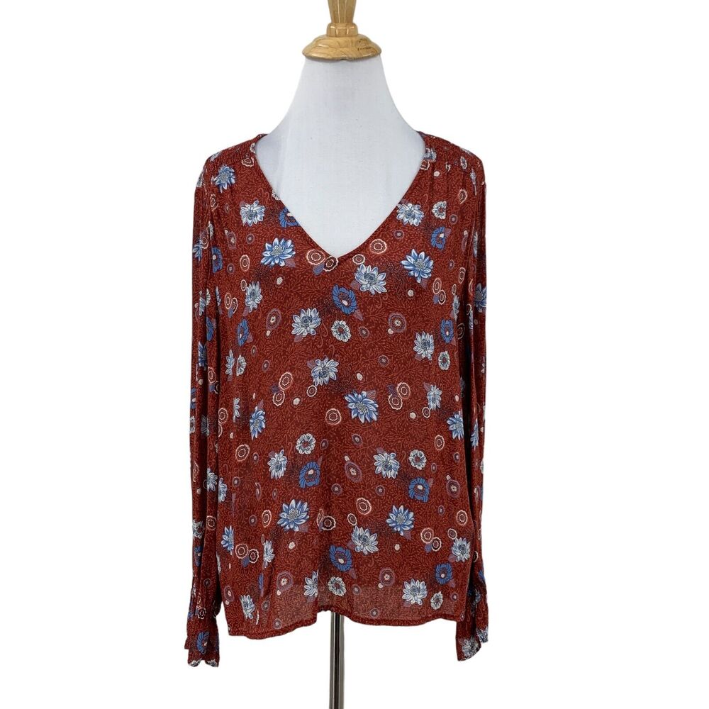 Lucky Brand Blouse Women M Rust Multi Floral Shirred Shoulder V Neck Long Sleeve